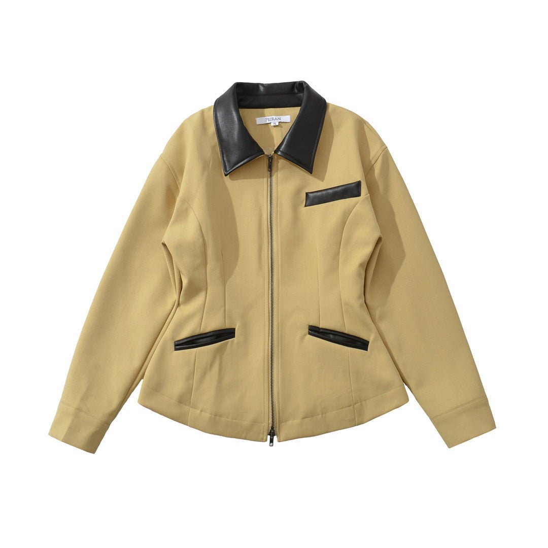 Retro Lapels Contrast Color Waist - tight Motorcycle Slim - fit Leather Coat Zipper Jacket - Sxndhu Hub