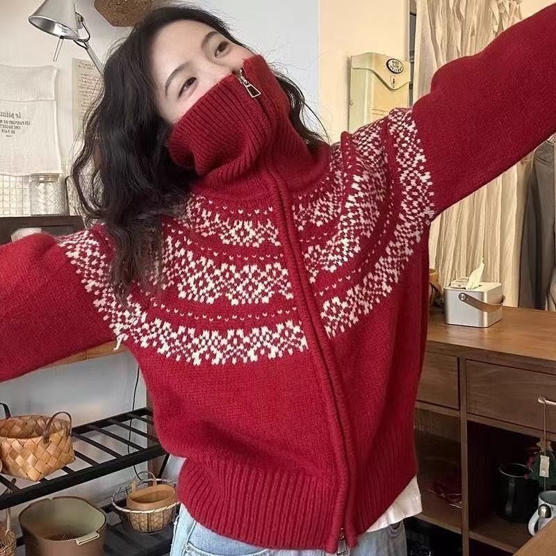 Casual Retro Lapel Double Zipper Knitted Cardigan - Sxndhu Hub