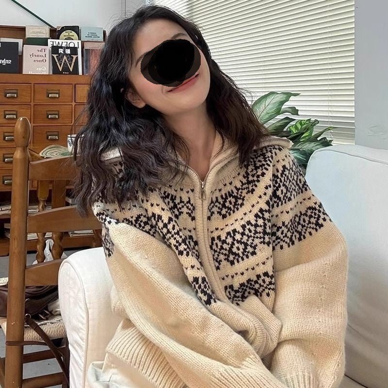 Casual Retro Lapel Double Zipper Knitted Cardigan - Sxndhu Hub