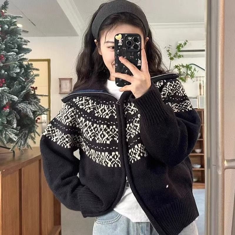 Casual Retro Lapel Double Zipper Knitted Cardigan - Sxndhu Hub