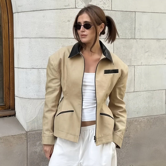 Retro Lapels Contrast Color Waist - tight Motorcycle Slim - fit Leather Coat Zipper Jacket - Sxndhu Hub