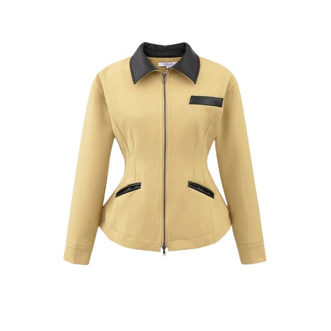 Retro Lapels Contrast Color Waist - tight Motorcycle Slim - fit Leather Coat Zipper Jacket - Sxndhu Hub