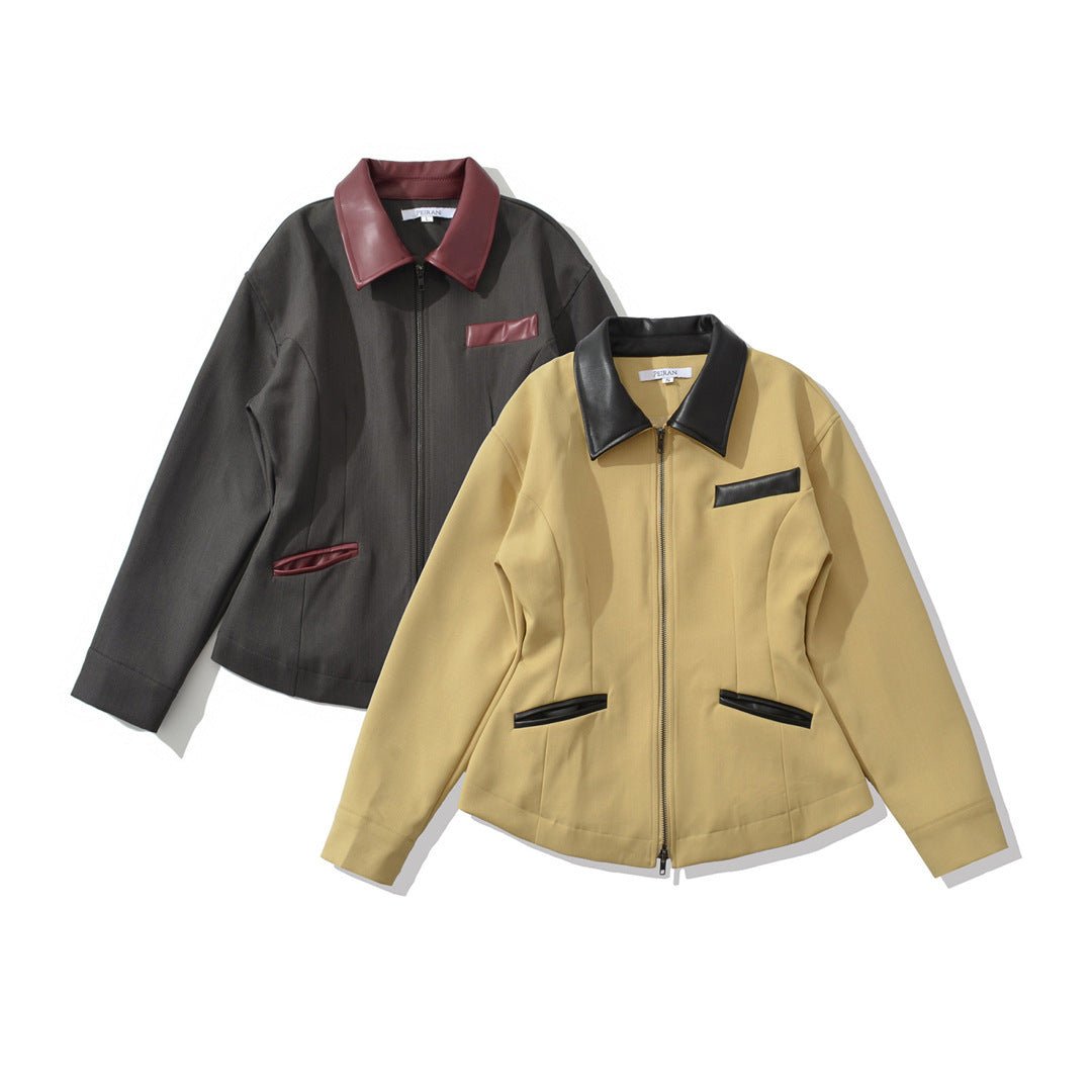 Retro Lapels Contrast Color Waist - tight Motorcycle Slim - fit Leather Coat Zipper Jacket - Sxndhu Hub