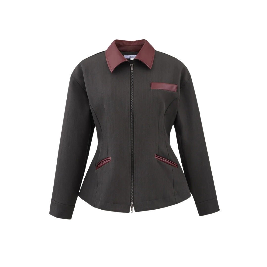 Retro Lapels Contrast Color Waist - tight Motorcycle Slim - fit Leather Coat Zipper Jacket - Sxndhu Hub