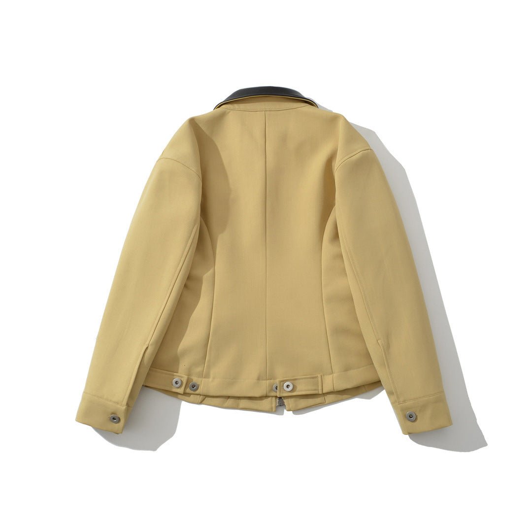 Retro Lapels Contrast Color Waist - tight Motorcycle Slim - fit Leather Coat Zipper Jacket - Sxndhu Hub