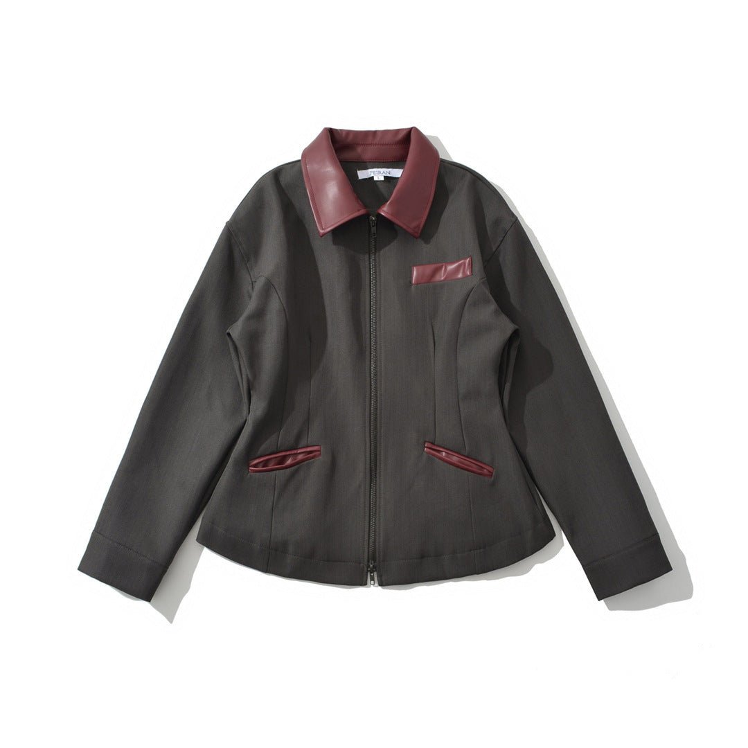 Retro Lapels Contrast Color Waist - tight Motorcycle Slim - fit Leather Coat Zipper Jacket - Sxndhu Hub
